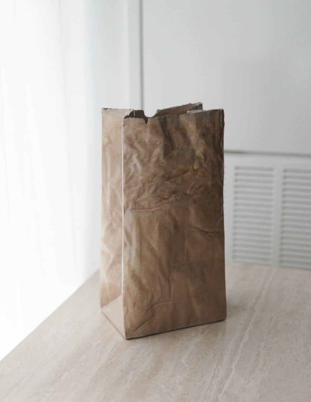 Vintage Glazed Paper Bag Ceramic Vase, Unmarked