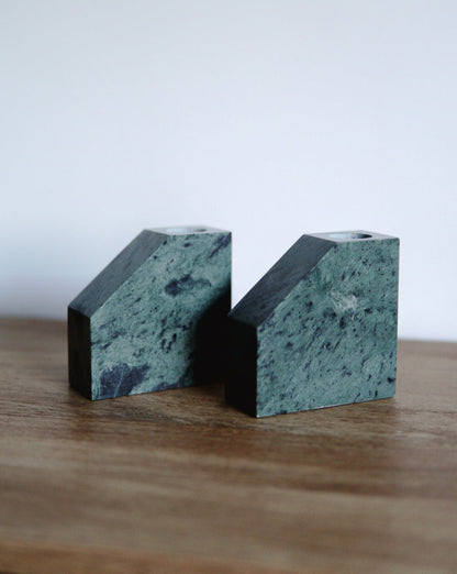 Pair of Green Marble Bookends & Candlestick Holders