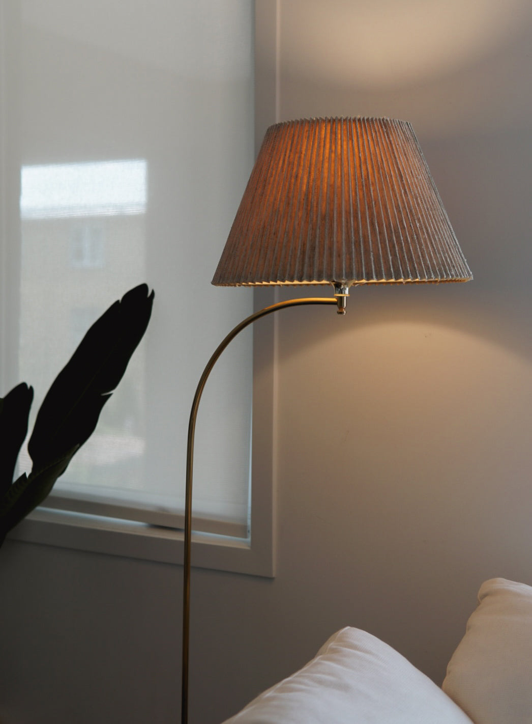 Gold Arc Floor Lamp w/ Pleated Shade